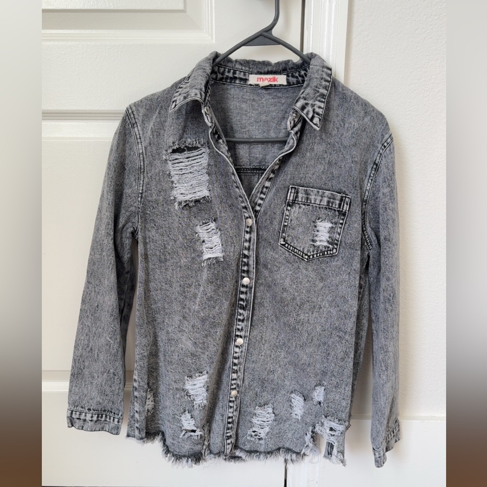 Distressed Gray Denim Shacket